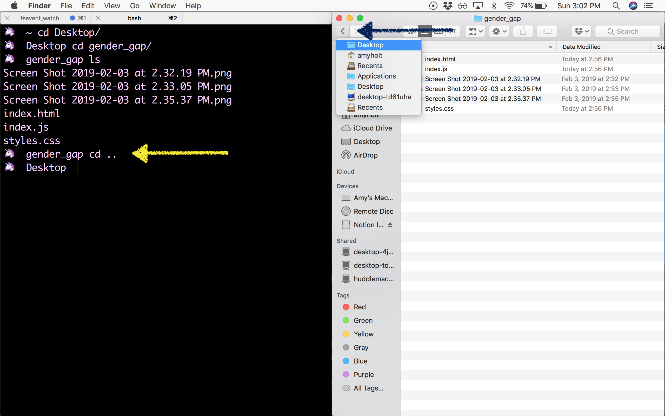 Side-by-side comparison of changing directories, going out